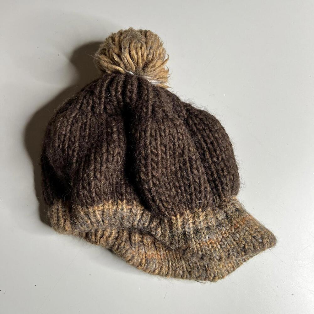 Beanie Hat Womens One Size Brown Wool Alpaca Knit Pom Visor Italy Winter Warm